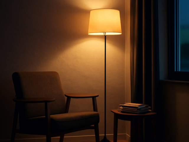 Quiet interior corner with a floor lamp and an armchair in warm evening light